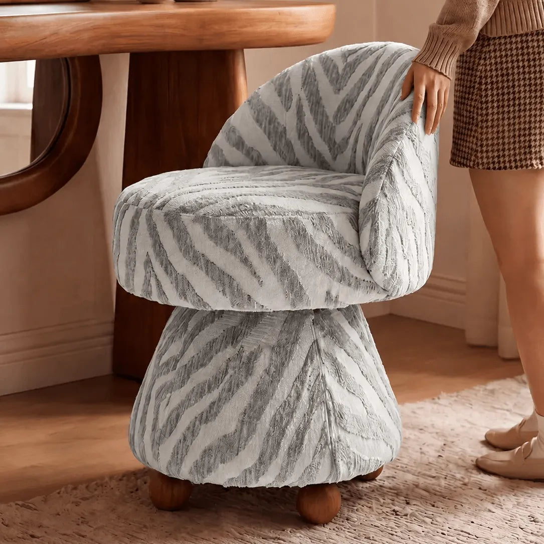 Zebra Print Jacquard Swivel Vanity Stool With Sculpted Barrel Back