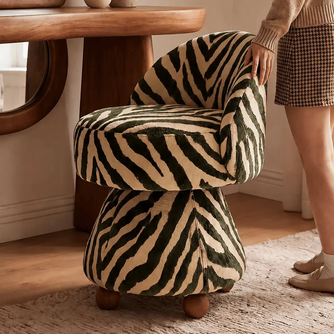 Zebra Print Jacquard Swivel Vanity Stool With Sculpted Barrel Back