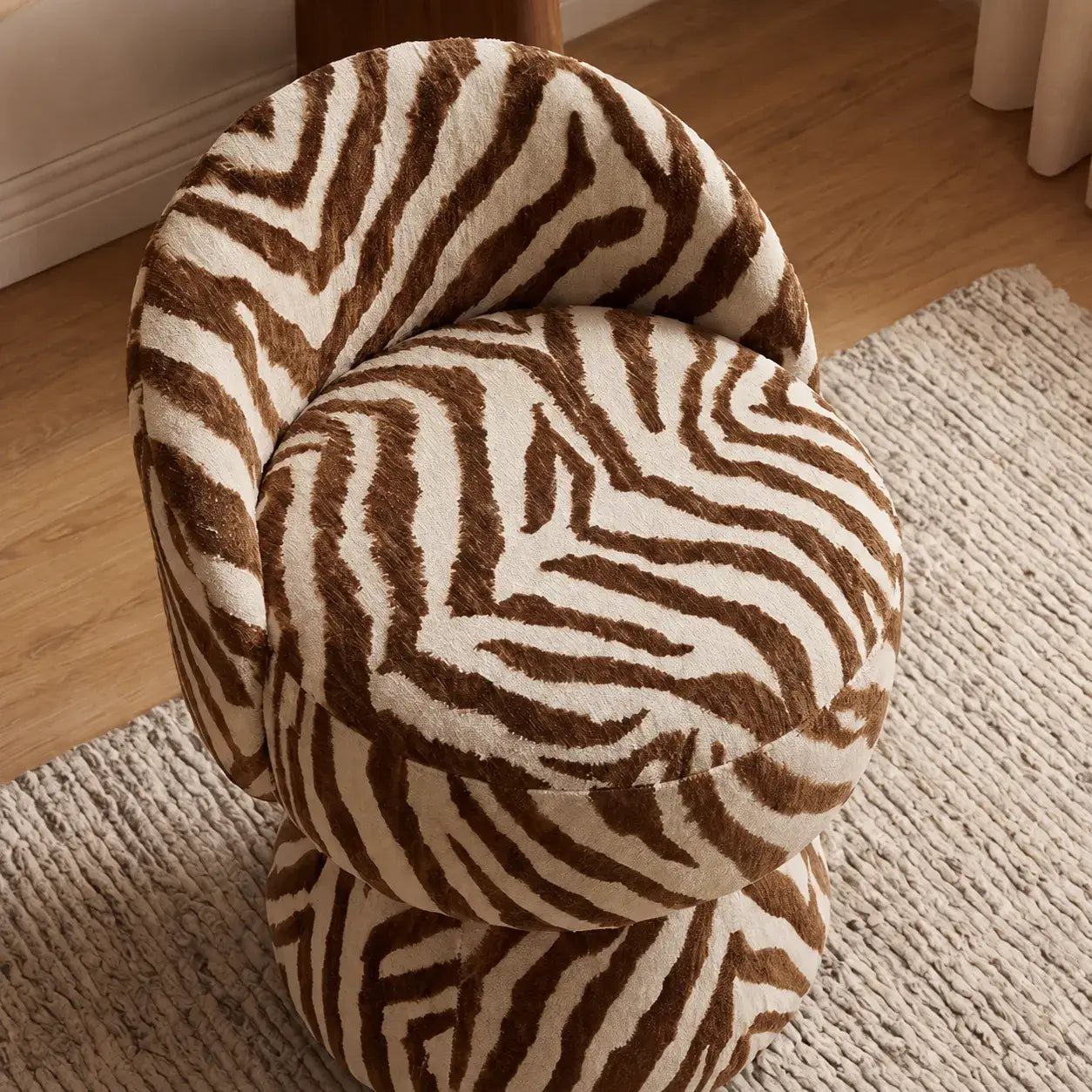 Zebra Print Jacquard Swivel Vanity Stool With Sculpted Barrel Back