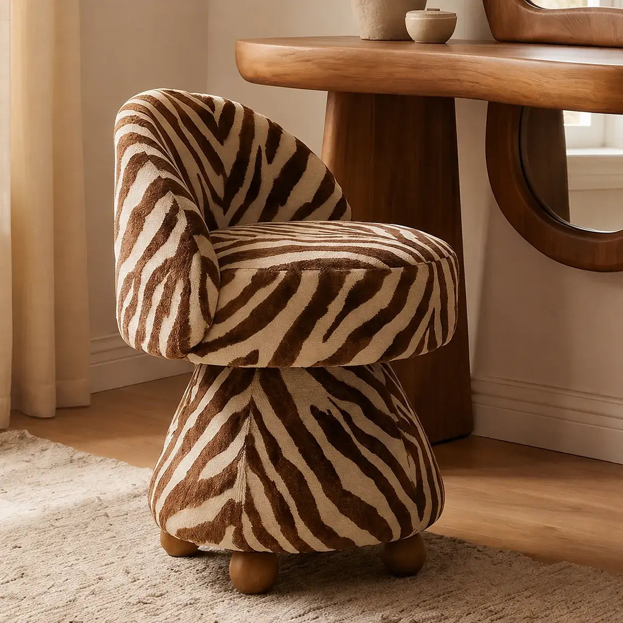 Zebra Print Jacquard Swivel Vanity Stool With Sculpted Barrel Back