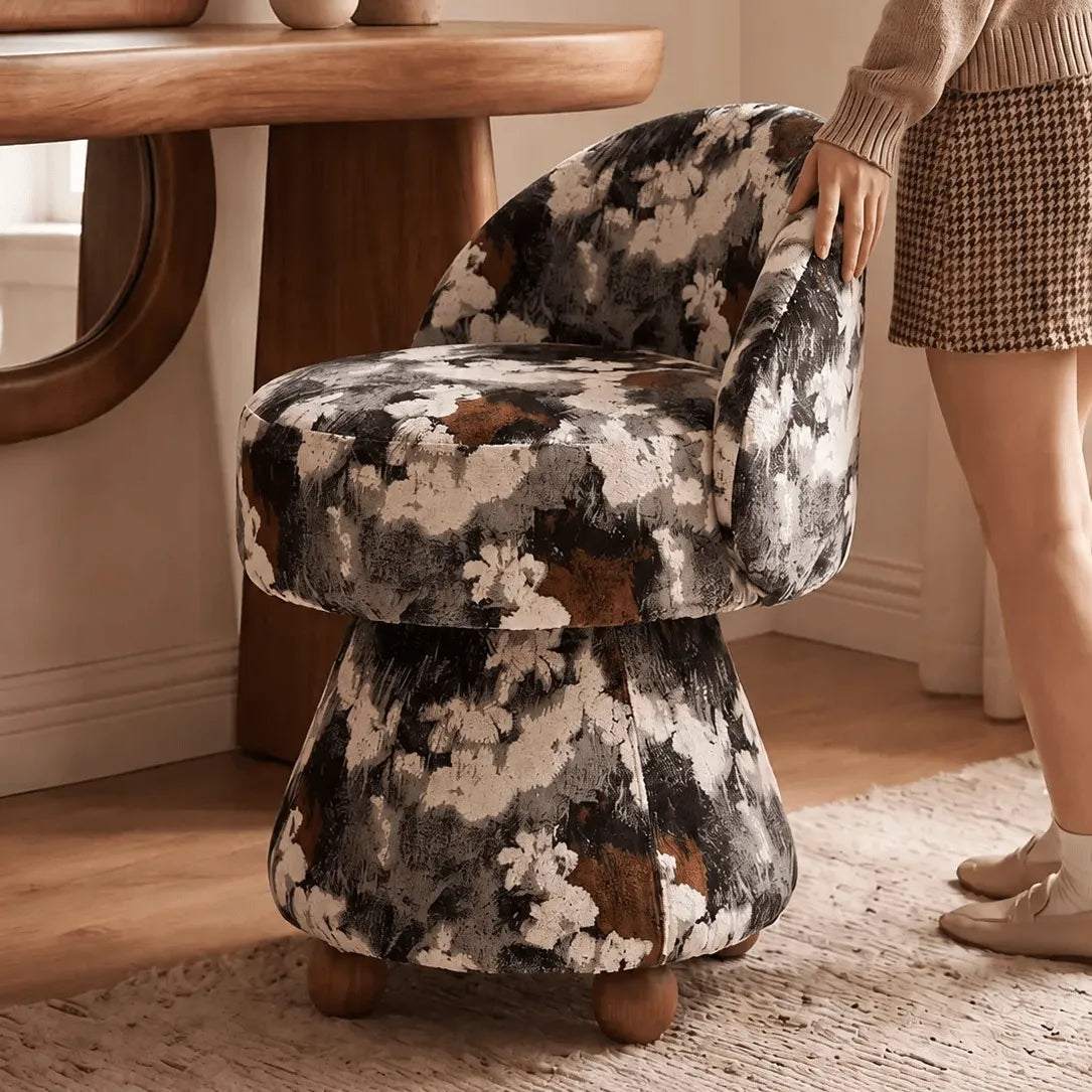 Zebra Print Jacquard Swivel Vanity Stool With Sculpted Barrel Back