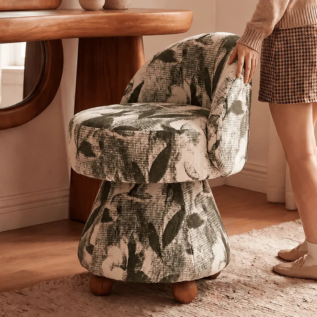 Zebra Print Jacquard Swivel Vanity Stool With Sculpted Barrel Back