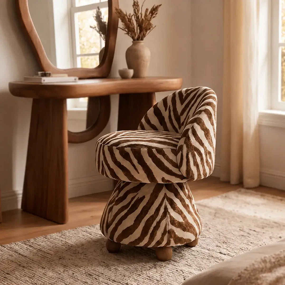 Zebra Print Jacquard Swivel Vanity Stool With Sculpted Barrel Back