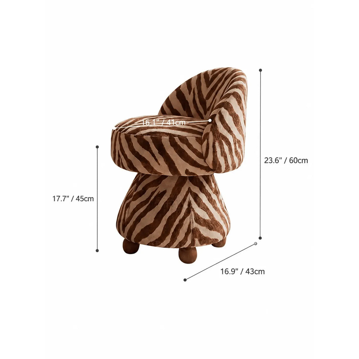 Zebra Print Jacquard Swivel Vanity Stool With Sculpted Barrel Back Dimensions