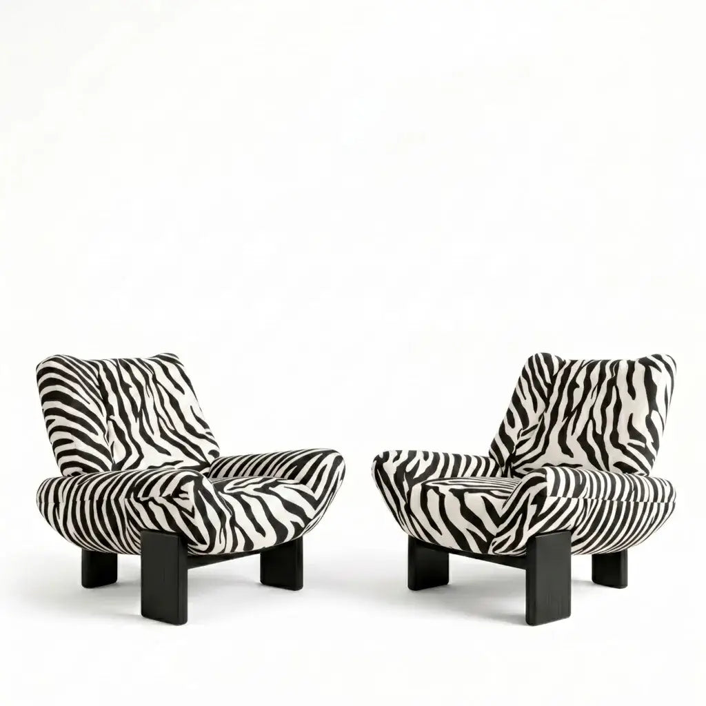 Zebra Print Lounge Chair with Sculpted Curves and Ash Wood Frame