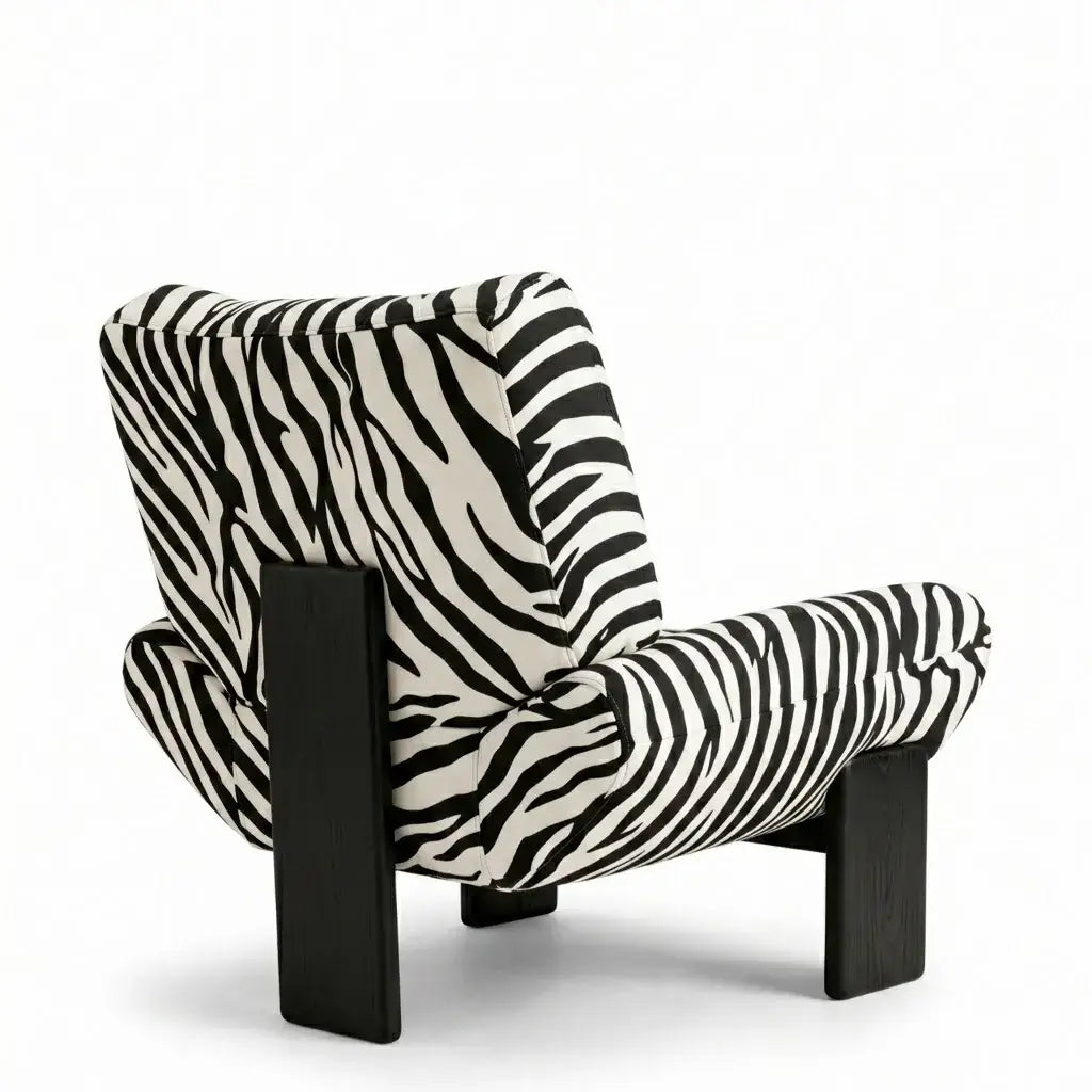 Zebra Print Lounge Chair with Sculpted Curves and Ash Wood Frame