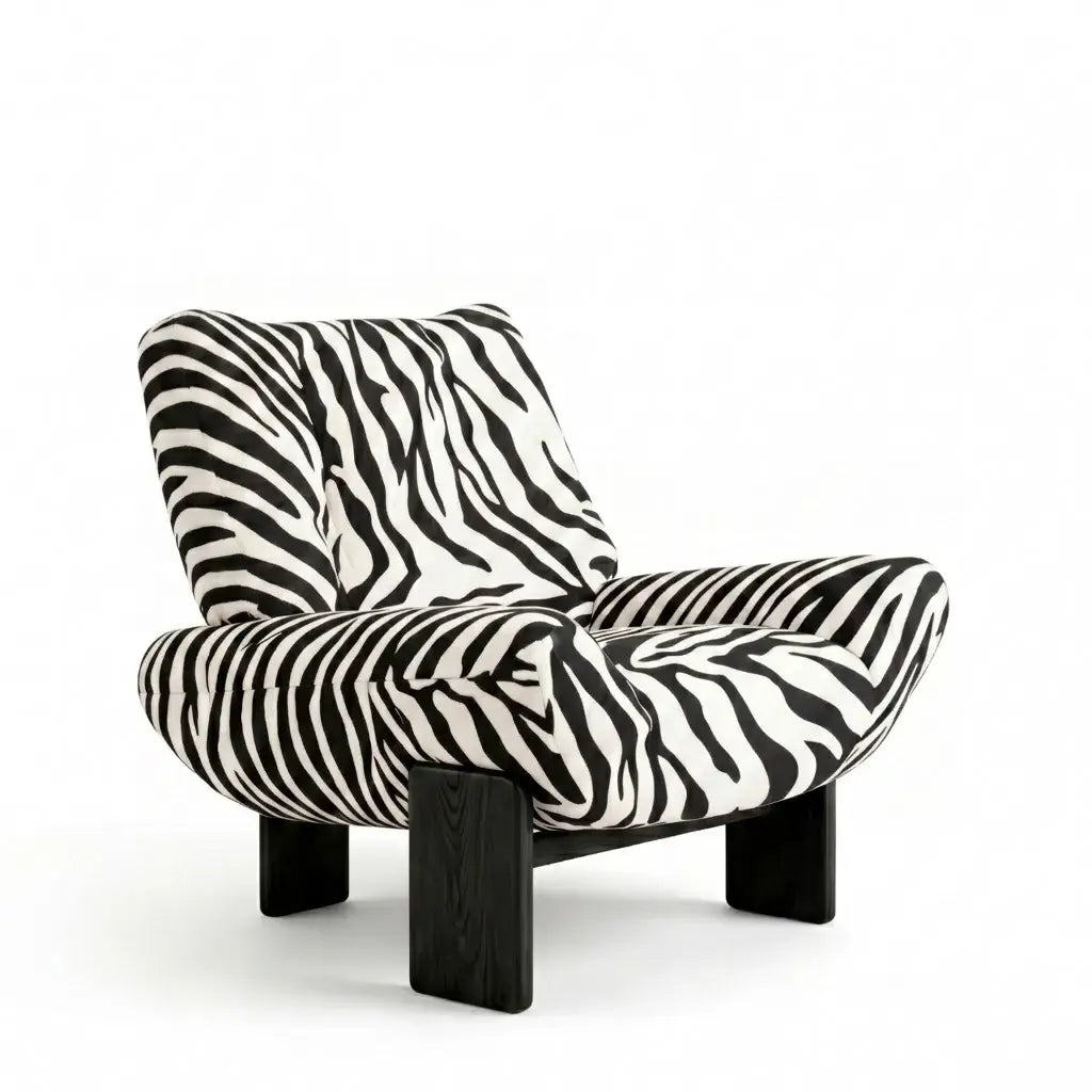 Zebra Print Lounge Chair with Sculpted Curves and Ash Wood Frame