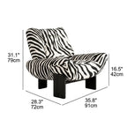 Zebra Print Lounge Chair with Sculpted Curves and Ash Wood Frame Dimensions