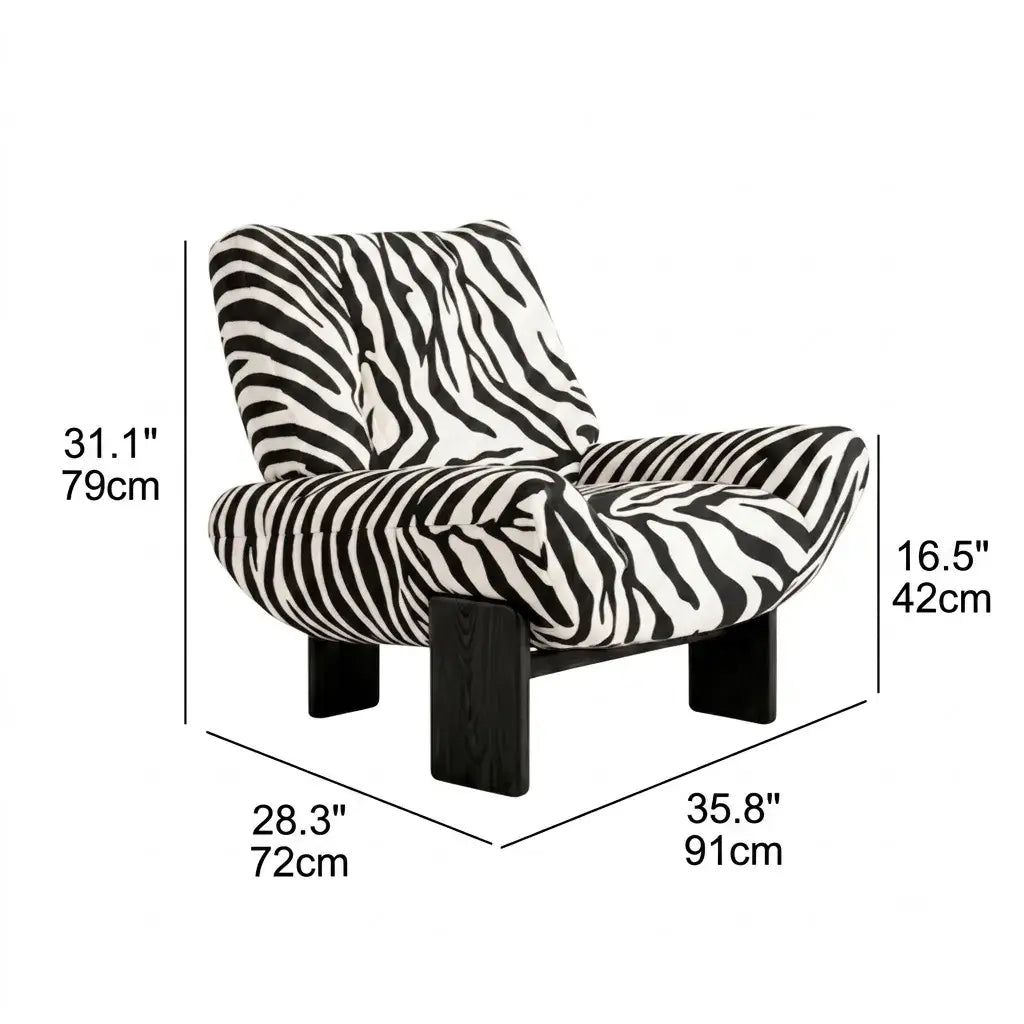 Zebra Print Lounge Chair with Sculpted Curves and Ash Wood Frame Dimensions