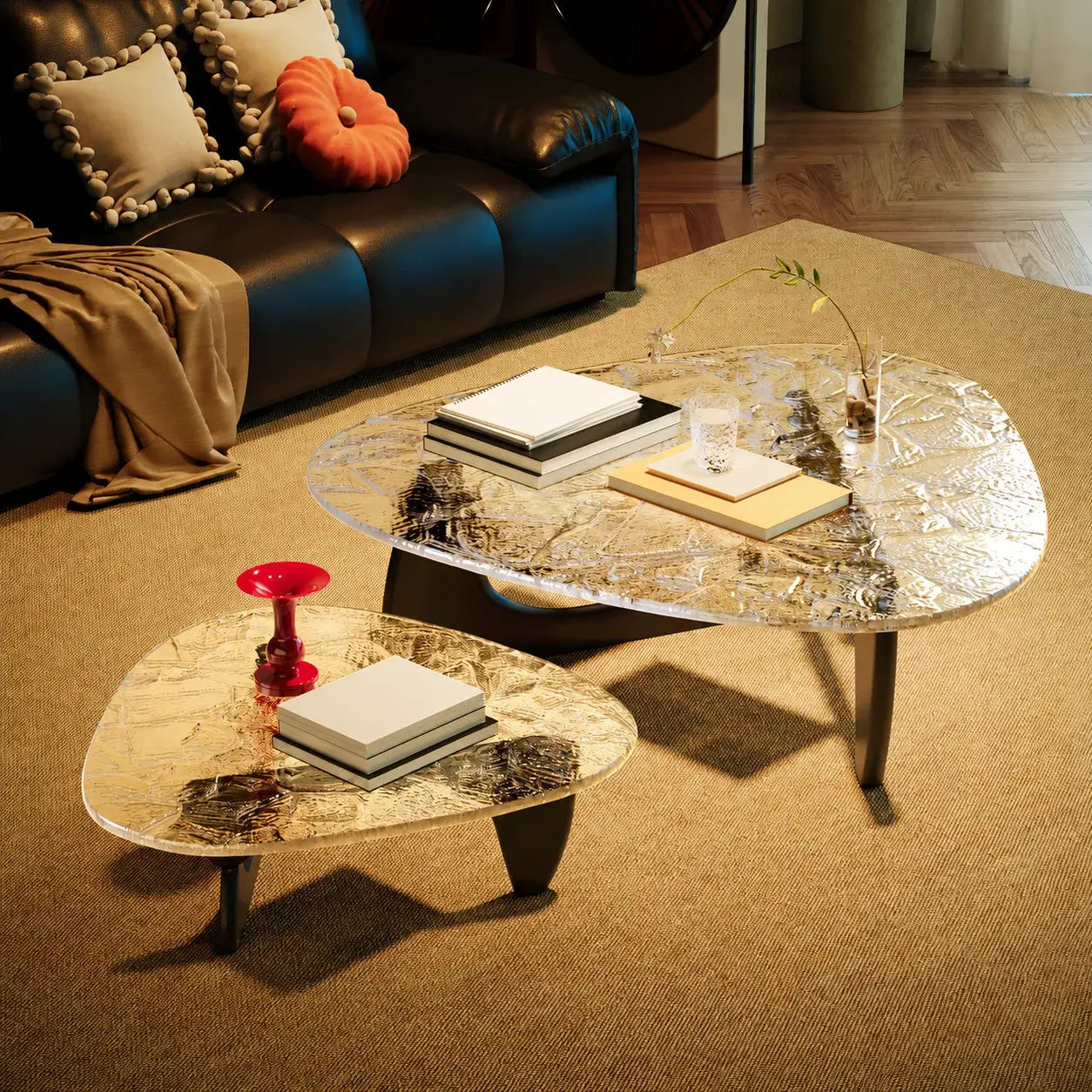 Zebra Print Organic Acrylic Coffee Table Series With Layered Nesting Forms