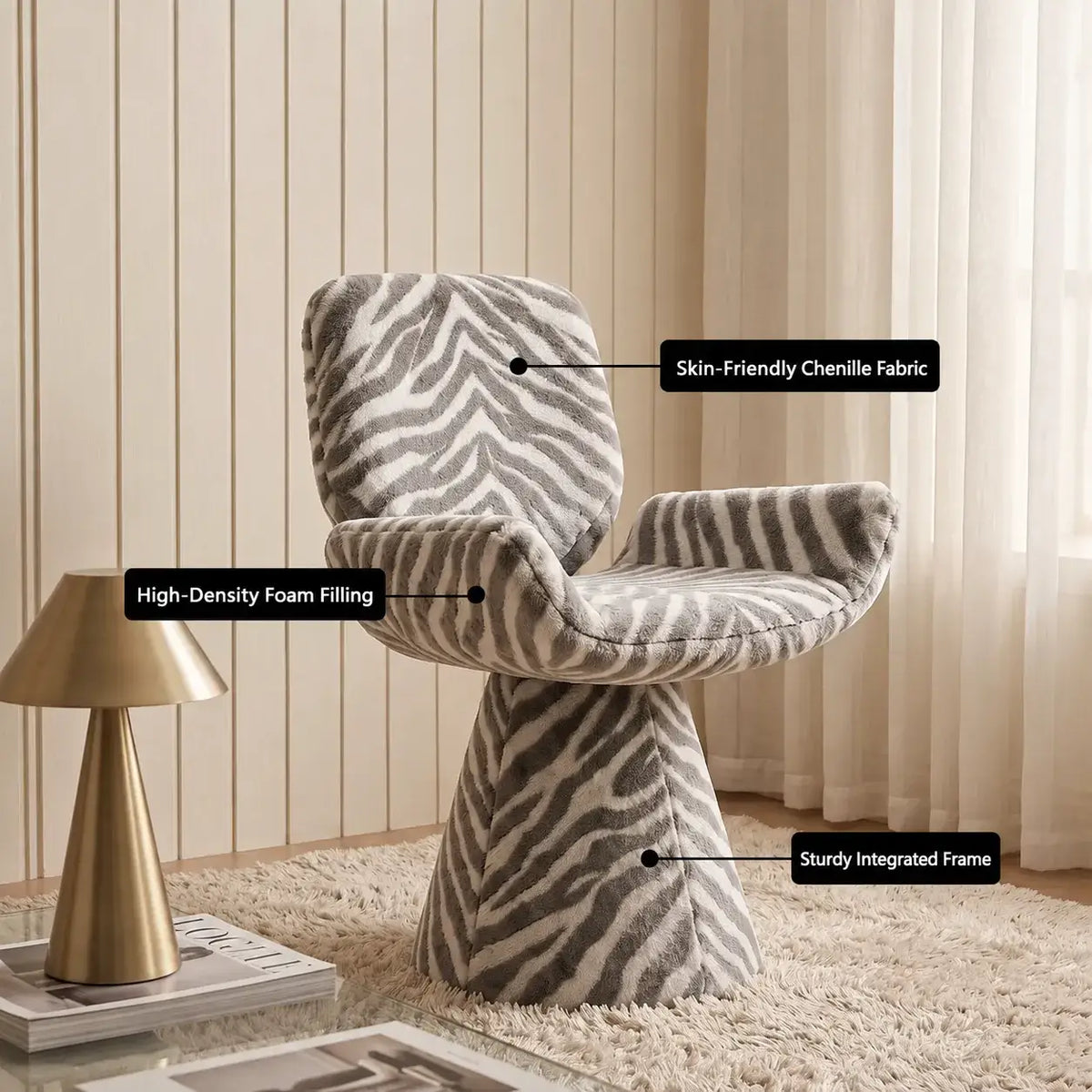 Zebra Print Sculptural Swivel Accent Vanity Chair Series in Velvet