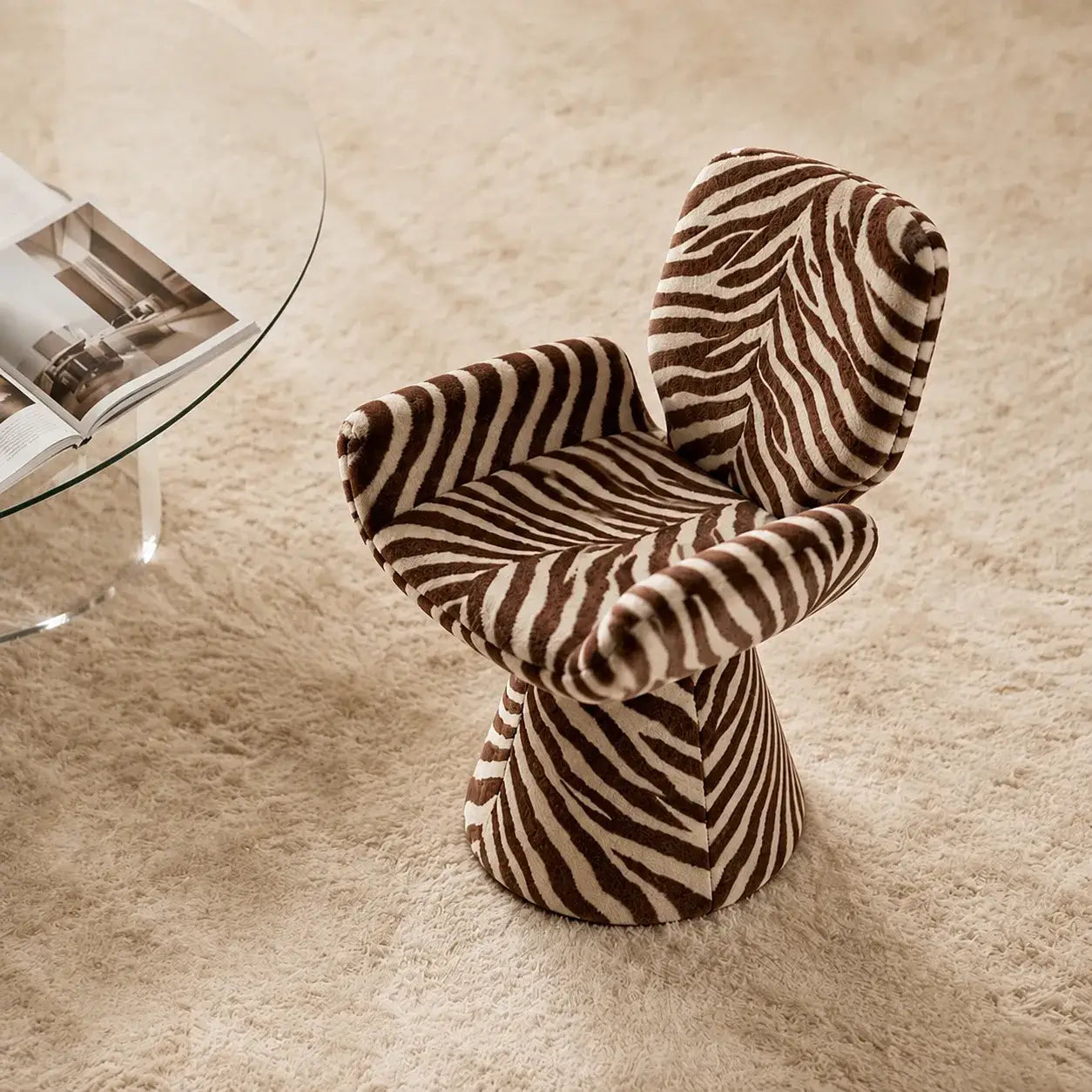 Zebra Print Sculptural Swivel Accent Vanity Chair Series in Velvet