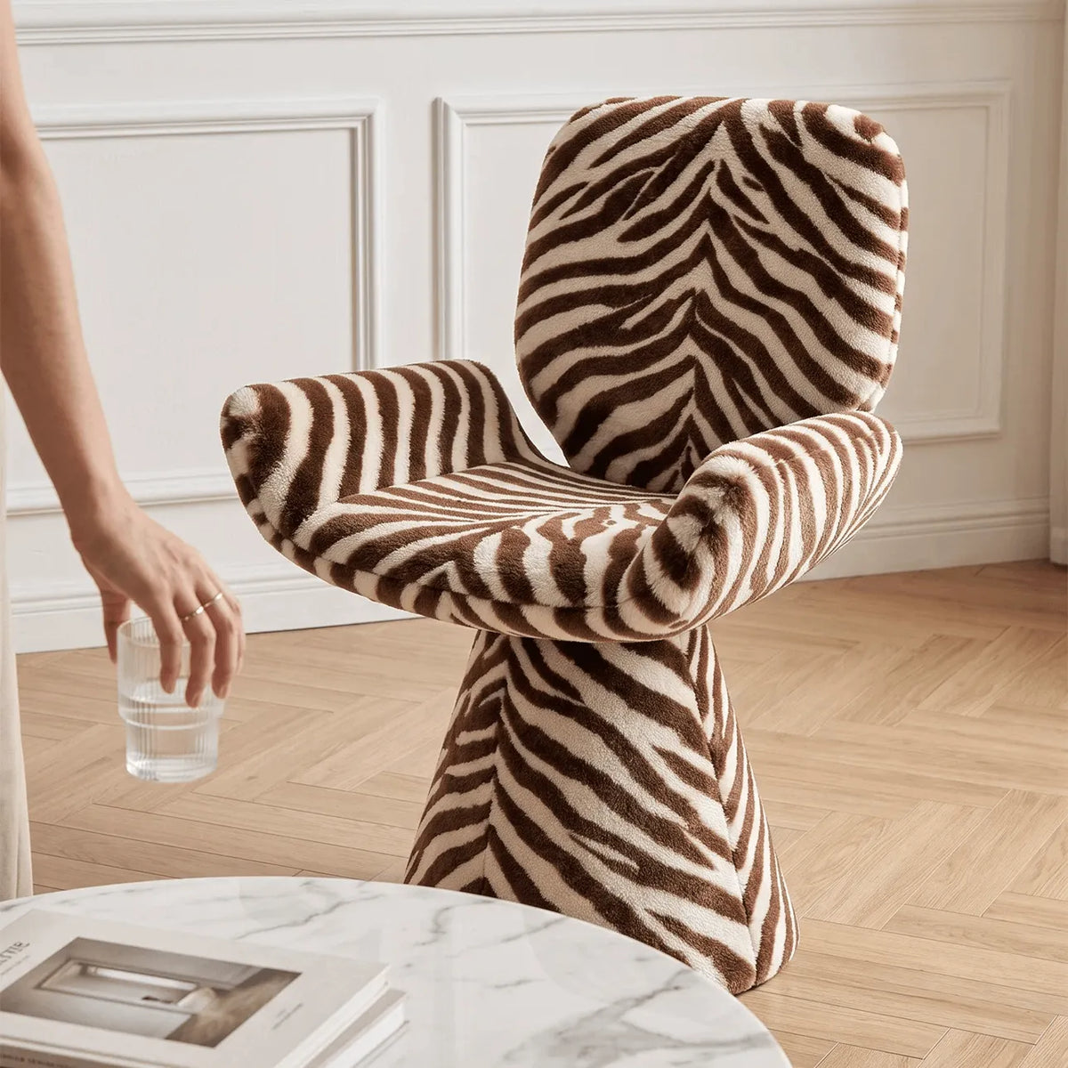 Zebra Print Sculptural Swivel Accent Vanity Chair Series in Velvet