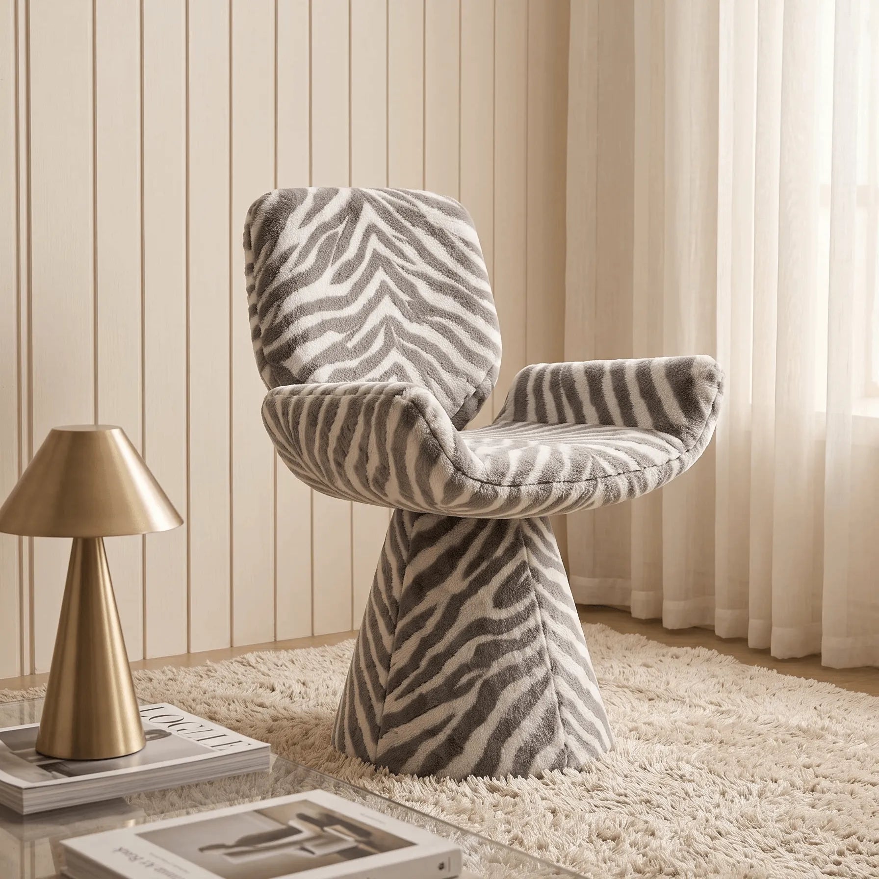 Chaise de Vanité Pivotante Sculpturale à Motif Zèbre en Velours Image secondaire du produit