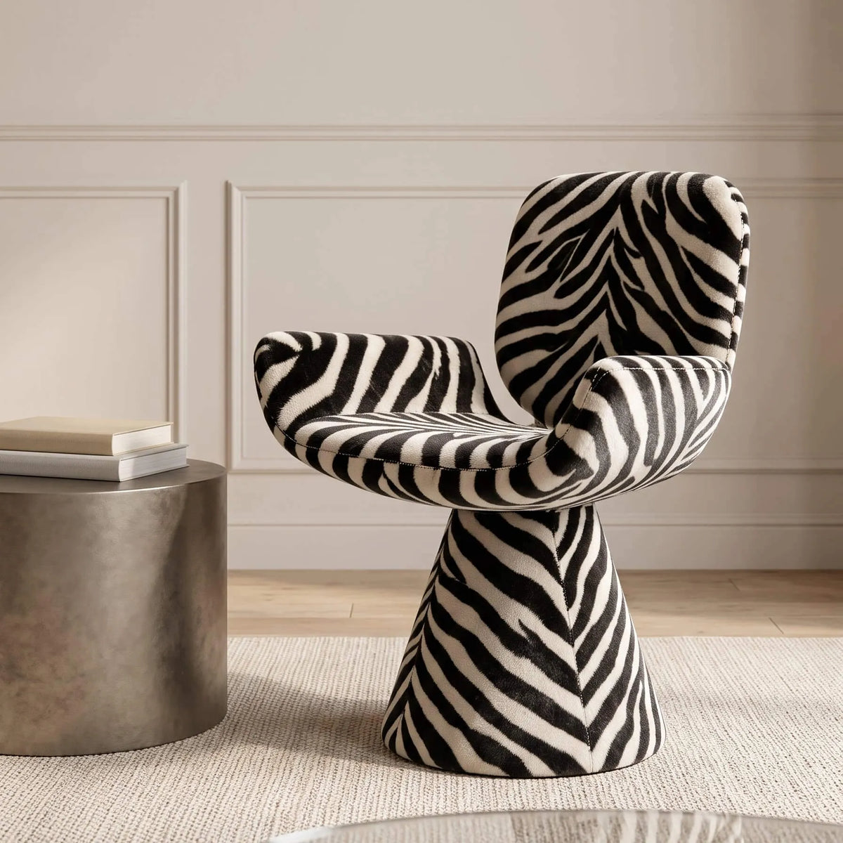 Zebra Print Sculptural Swivel Accent Vanity Chair Series in Velvet
