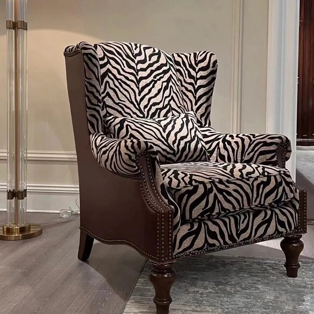 Zebra Print Wingback Chair Series with Leather Trim and Solid Wood Legs