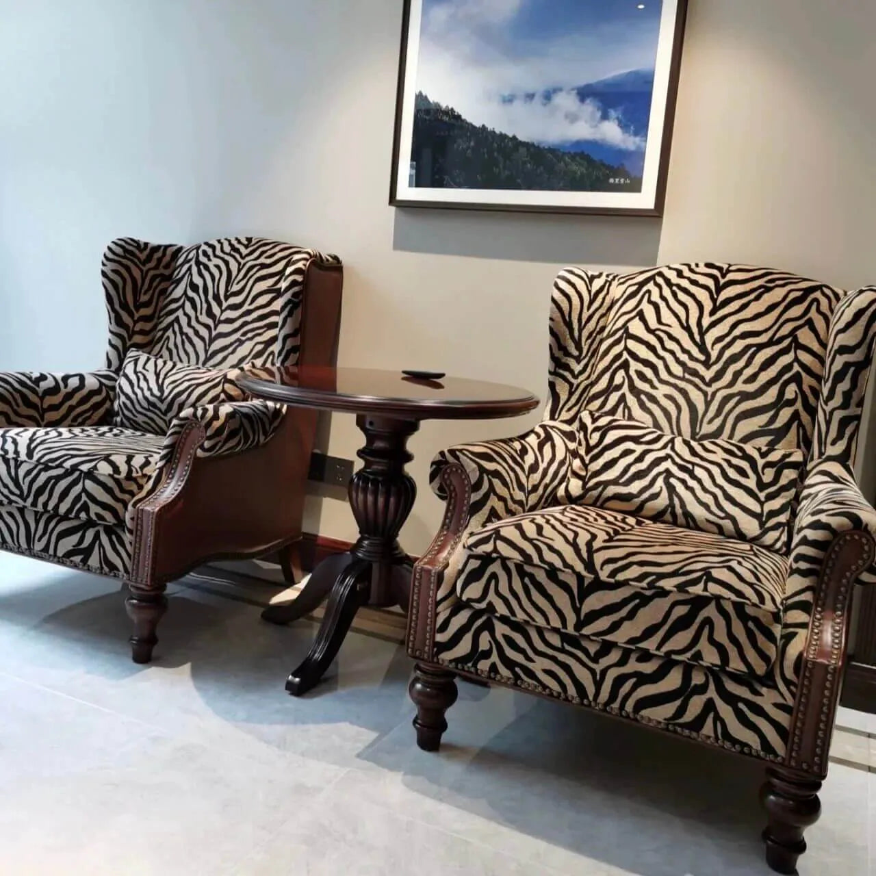 Zebra Print Wingback Chair Series with Leather Trim and Solid Wood Legs
