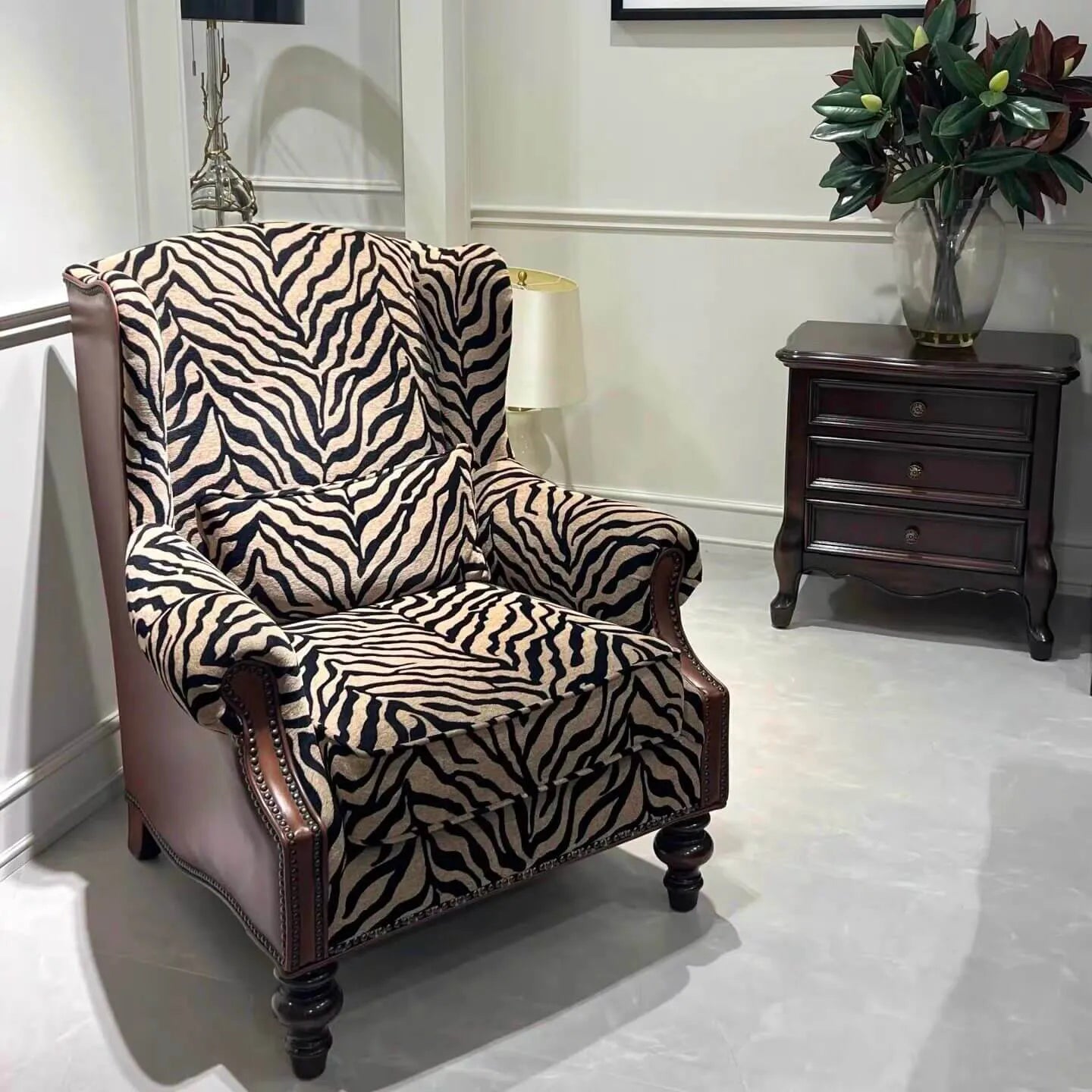 Zebra Print Wingback Chair Series with Leather Trim and Solid Wood Legs