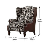 Zebra Print Wingback Chair Series with Leather Trim and Solid Wood Legs Dimensions
