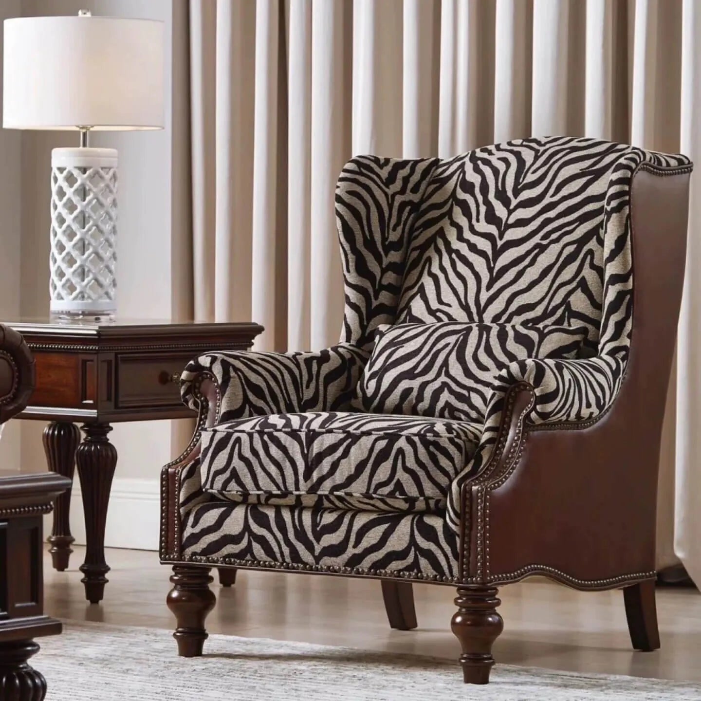 Zebra Print Wingback Chair Series with Leather Trim and Solid Wood Legs Main Product Image Hauptbild