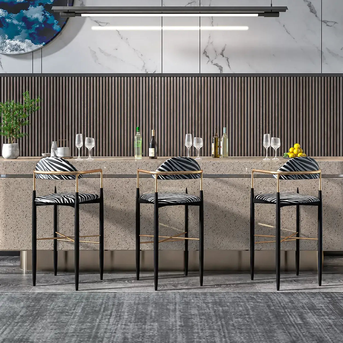 Zebra Upholstered Accent Seating Series With Curved Arms and Metal Frame