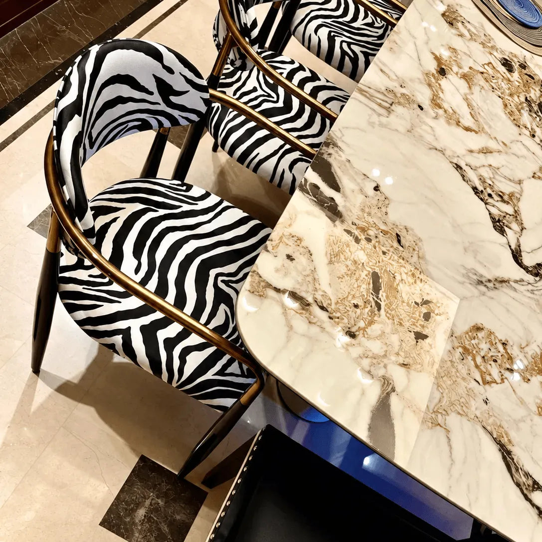 Zebra Upholstered Accent Seating Series With Curved Arms and Metal Frame