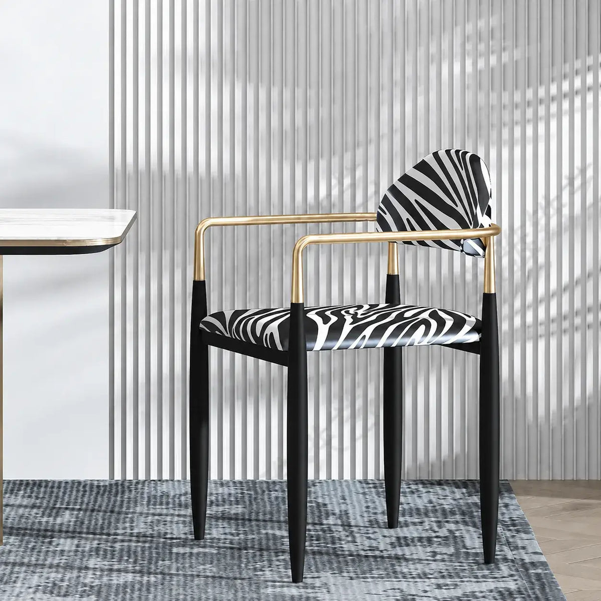Zebra Upholstered Accent Seating Series With Curved Arms and Metal Frame