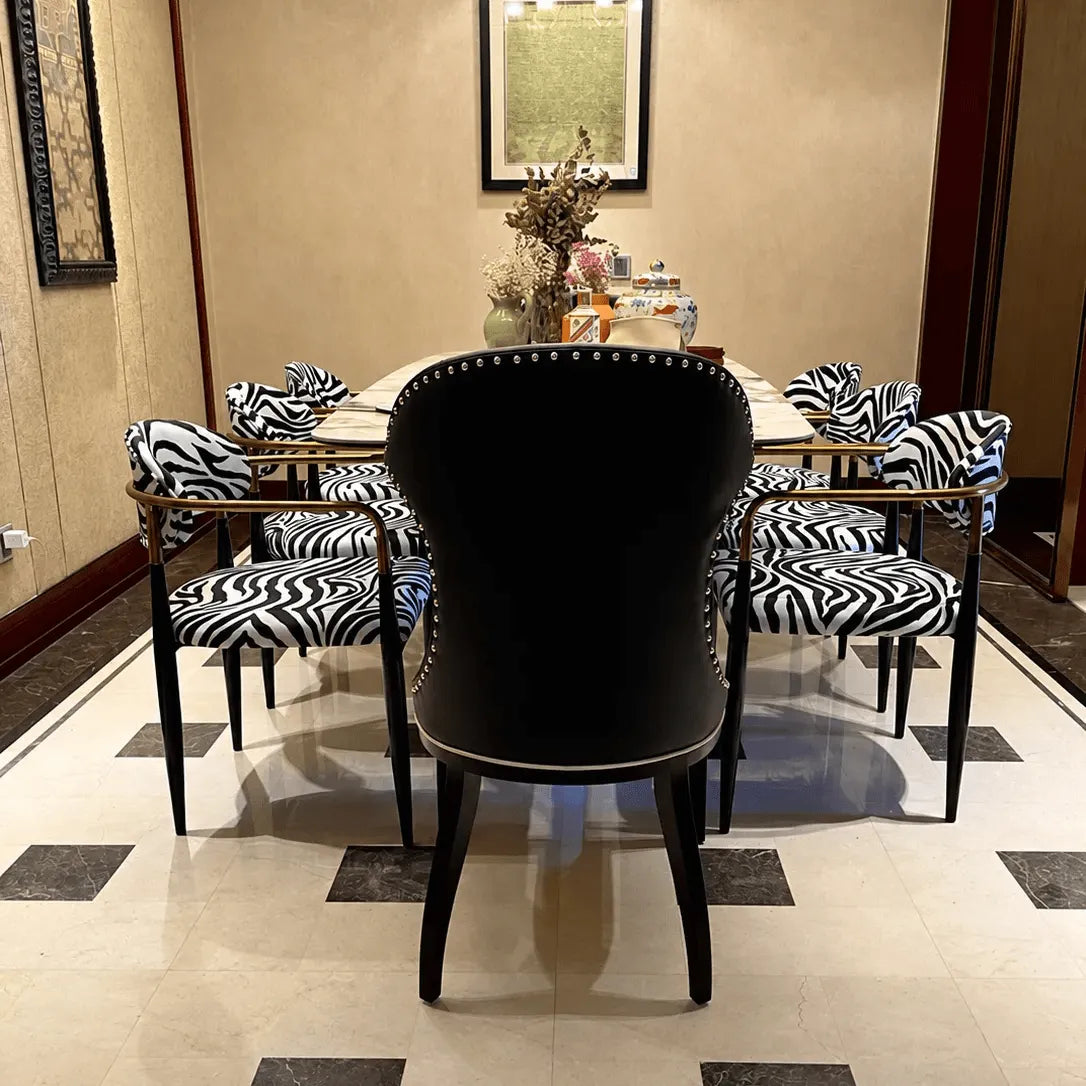 Zebra Upholstered Accent Seating Series With Curved Arms and Metal Frame