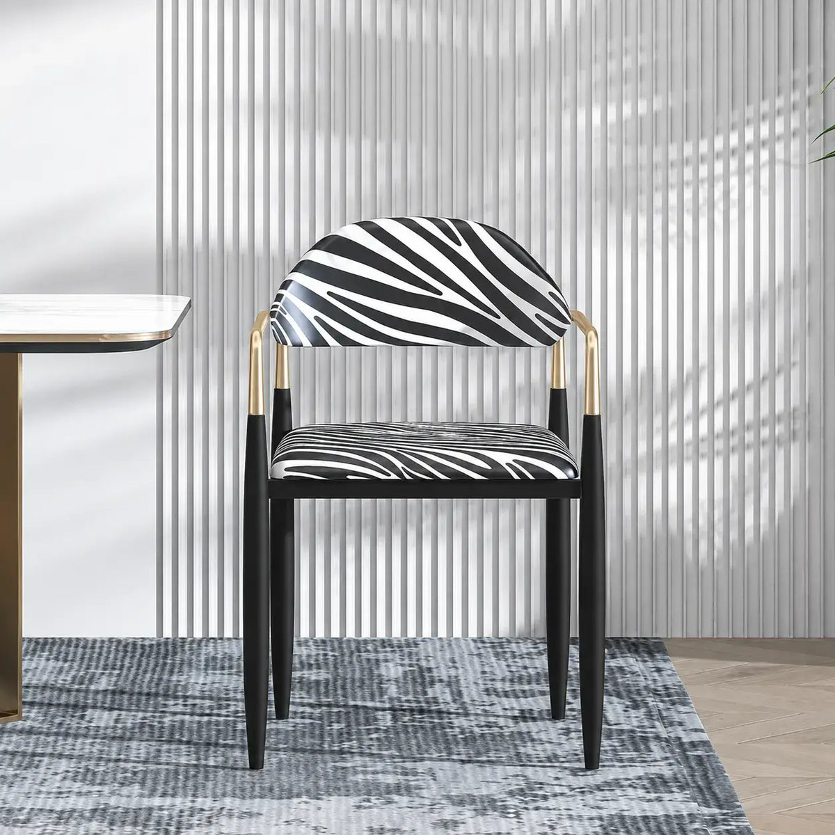 Zebra Upholstered Accent Seating Series With Curved Arms and Metal Frame
