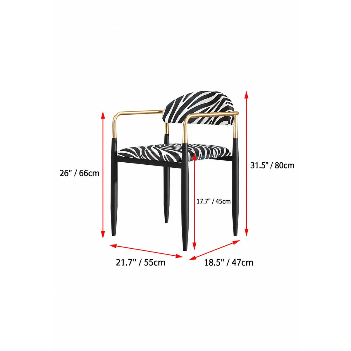 Zebra Upholstered Accent Seating Series With Curved Arms and Metal Frame Dimensions