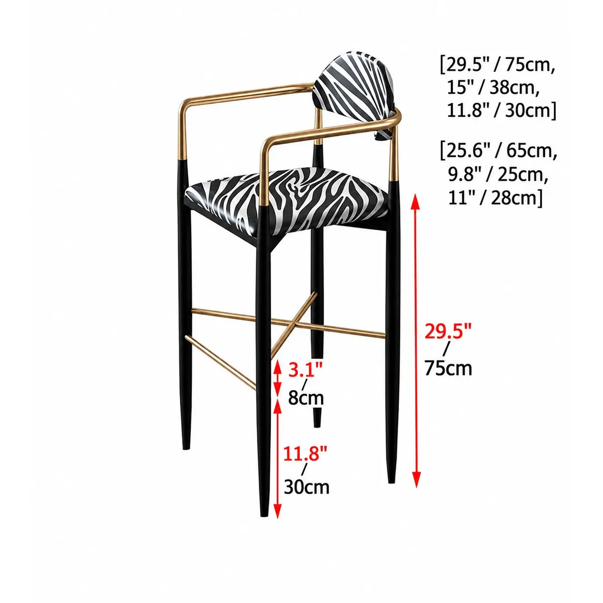 Zebra Upholstered Accent Seating Series With Curved Arms and Metal Frame Dimensions