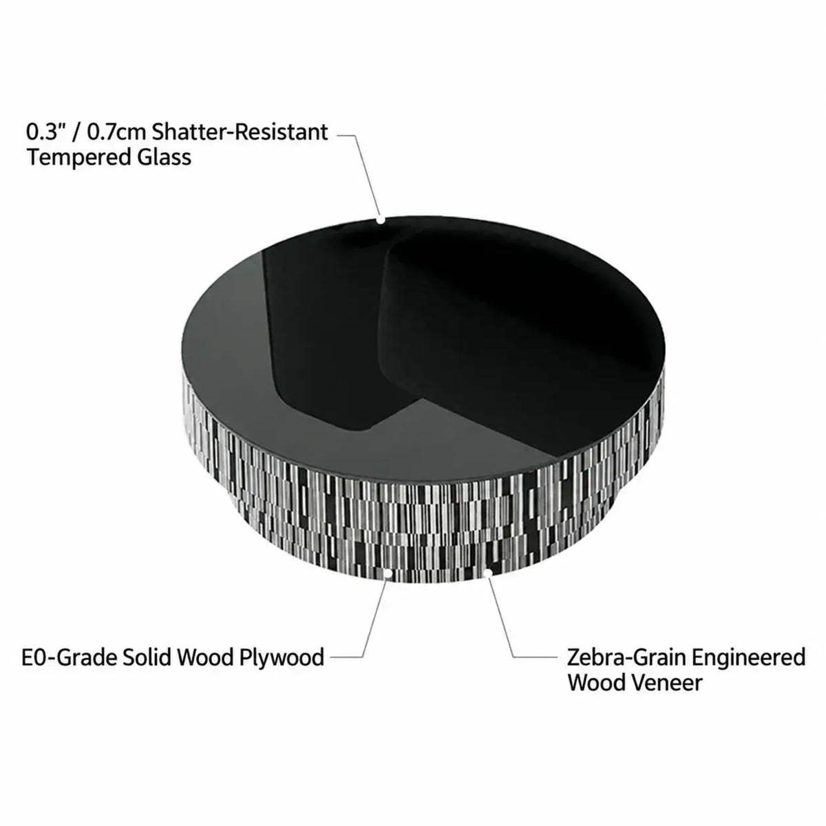 Zebra Veneer Coffee Table Set with Black Glass Tiered Nesting Design