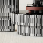 Zebra Veneer Coffee Table Set with Black Glass Tiered Nesting Design