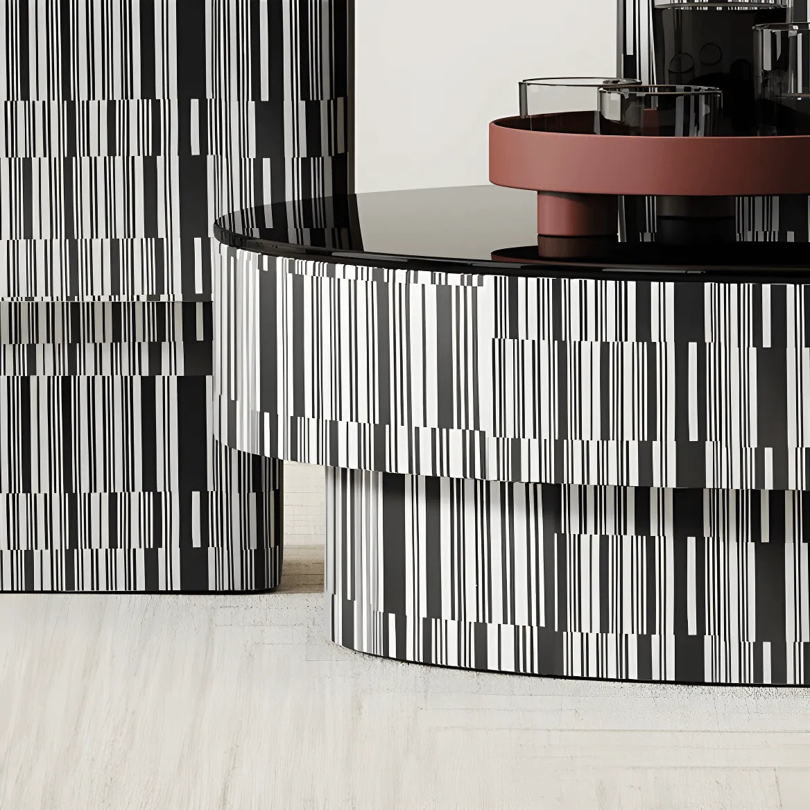 Zebra Veneer Coffee Table Set with Black Glass Tiered Nesting Design