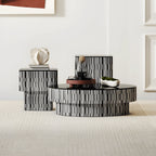 Zebra Veneer Coffee Table Set with Black Glass Tiered Nesting Design