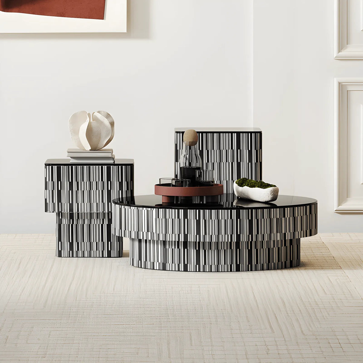 Zebra Veneer Coffee Table Set with Black Glass Tiered Nesting Design