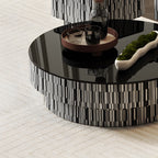 Zebra Veneer Coffee Table Set with Black Glass Tiered Nesting Design
