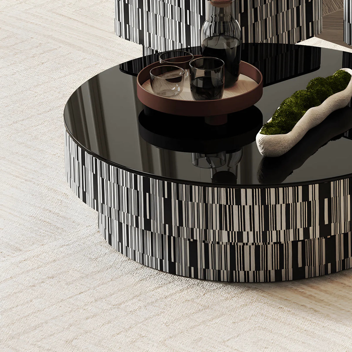 Zebra Veneer Coffee Table Set with Black Glass Tiered Nesting Design