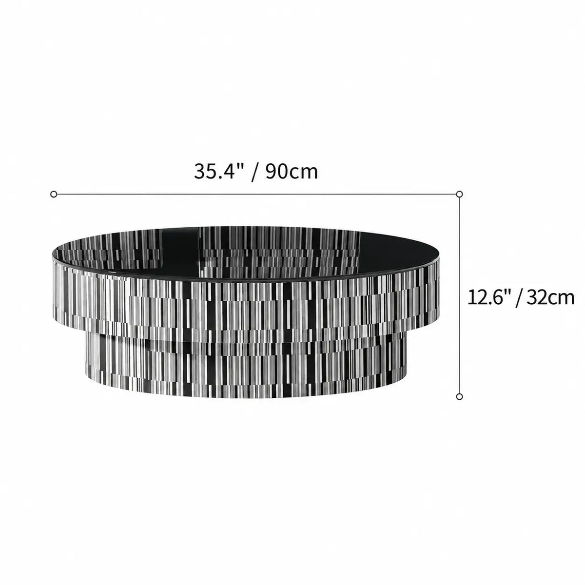 Zebra Veneer Coffee Table Set with Black Glass Tiered Nesting Design Dimensions