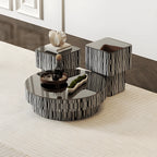 Zebra Veneer Coffee Table Set with Black Glass Tiered Nesting Design Main Product Image