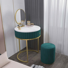 Elegant vanity set in velvet upholstery with small dressing table, mirror, and stool