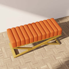 Contemporary Bedroom Bench in Vibrant Orange Velvet Upholstery