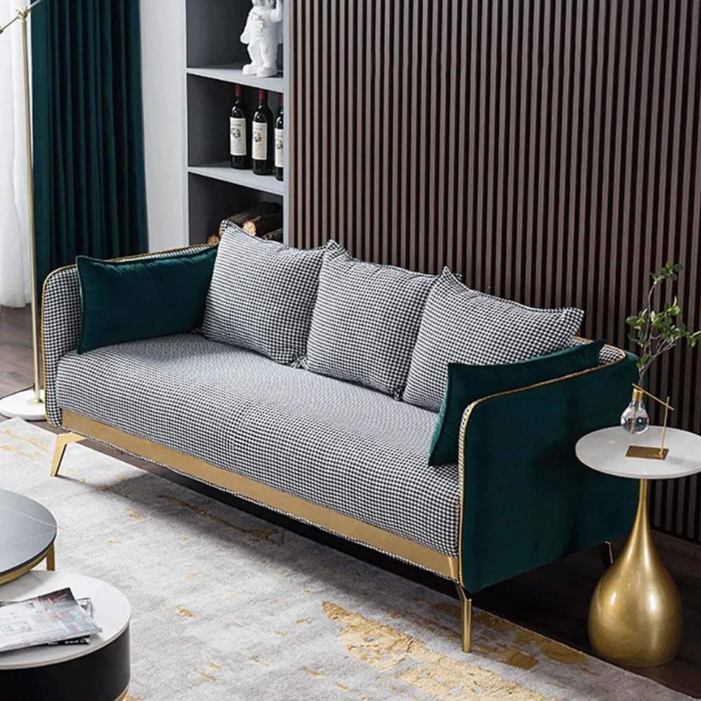 78.7" Modern Houndstooth Upholstered Sofa 3Seater Green Velvet Sofa