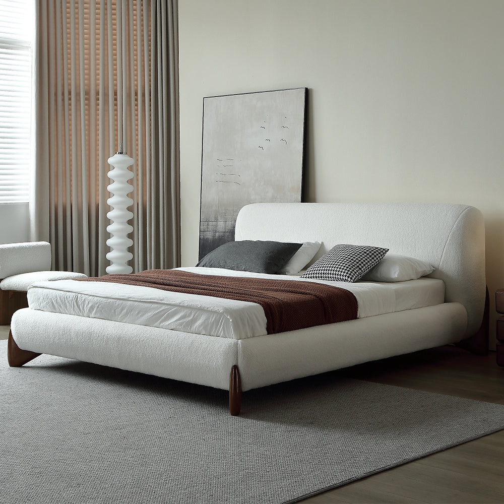 モダンな白いブークレ プラットフォーム ベッド キング サイズ ベッド