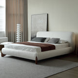 Modern White Boucle Platform Bed King Size Bed Frame with Upholstered Headboard