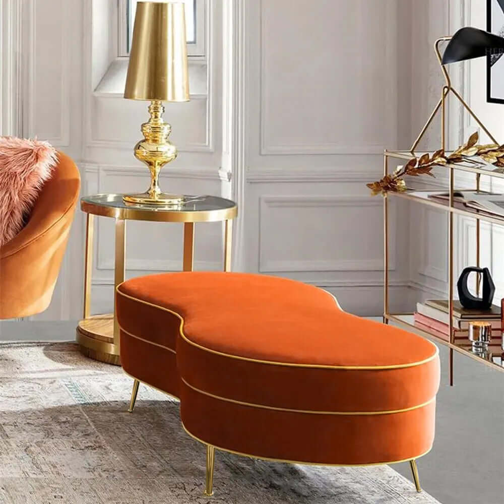 Sleek modern bench in vibrant orange velvet with stunning gold legs Hauptbild