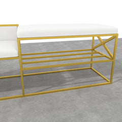 Stylish white PU leather entryway bench with gold legs