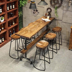 Industrial long bar height table set with 6 wooden bar stools