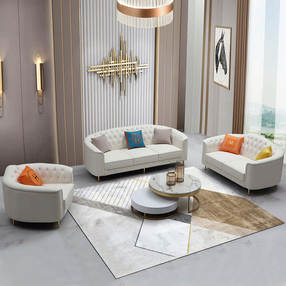 Beige leather sofa and loveseat set with pillows for classy living room decor メイン画像