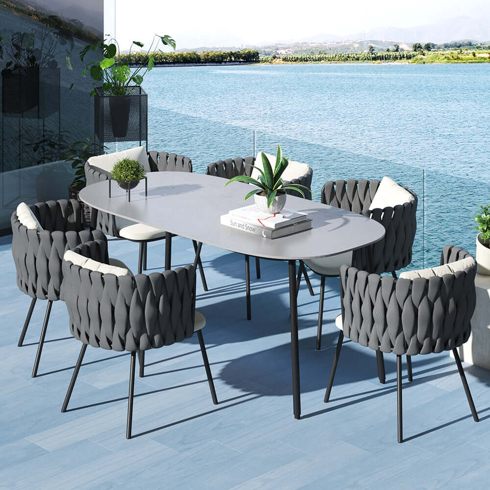 Outdoor dining set with faux marble top, aluminum table and rope woven chair メイン画像